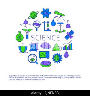 Science round banner template in colored line style with place for text. Vector illustration. Stock Vector