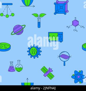 Science seamless pattern in colored line style. Repeatable background with scientific elements. Vector illustration. Stock Vector