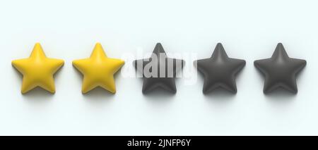 Glossy yellow 3d two star rating. 3D render image. Golden star shape. Quality of service measurement. Ranking system, review symbol. Classification an Stock Vector