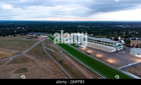 A drone view of Epsom Downs Racecourse in England during the down