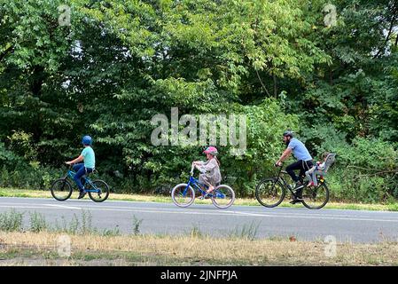 Dad with kids riding bicycles on the road in Prospect Park, Brooklyn, New York. Stock Photo
