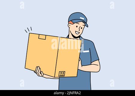 Smiling deliveryman in uniform holding cardboard package. Happy male courier with box deliver order to client. Good delivery service. Vector illustration.  Stock Vector