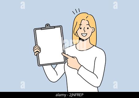 Smiling businesswoman showing folder with white mockup paper. Happy woman employee demonstrate paperwork completed task at workplace. Vector illustration.  Stock Vector