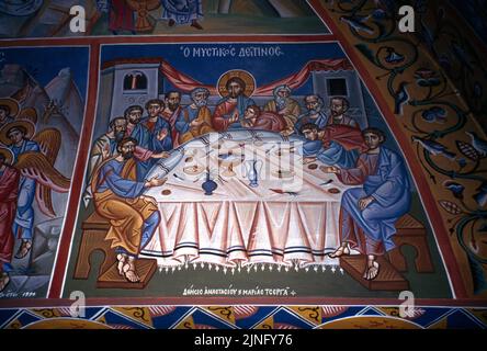 Athens Greece Agios Georgios 19th Century Church on  Lykavittos Hill -Fresco of the Jesus Christ and the Apostles at the Last Supper Stock Photo
