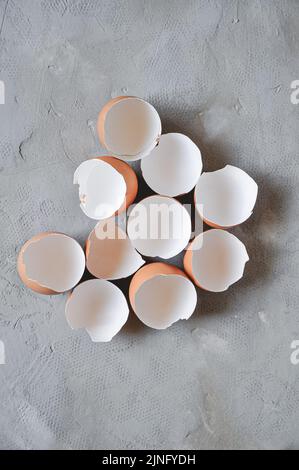 Eggshell. Shell of eggs on concrete kitchen table Stock Photo