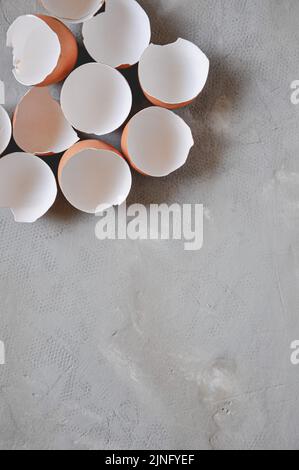Eggshell. Shell of eggs on concrete kitchen table Stock Photo