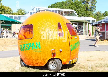 1972 Mini Outspan Orange promotional motor car, Beaulieu Supercar Weekend, Hampshire, England, UK, August 2022 Stock Photo