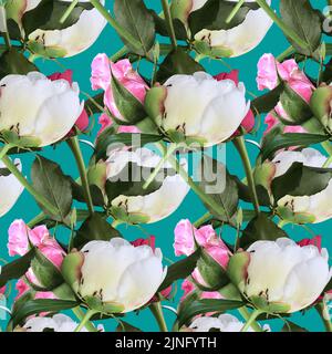 Seamless pattern with hand drawn watercolor pink roses and white peonies on turquoise background. Vintage illustration. Stock Photo