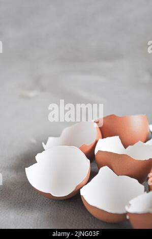 Eggshell. Shell of eggs on concrete kitchen table Stock Photo