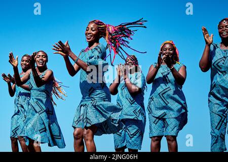 Edinburgh Scotland, UK 11 August 2022. Performers from The Book of Life on Calton Hill to promote their Edinburgh International Festival show. credit sst/alamy live news Stock Photo