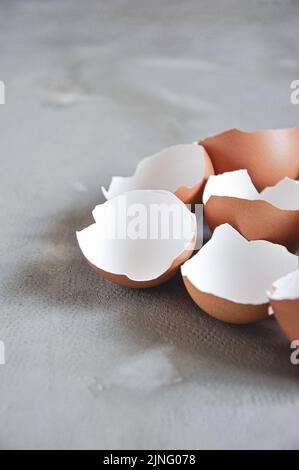 Eggshell. Shell of eggs on concrete kitchen table Stock Photo