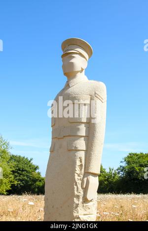 Regiment of Trees, stone soldiers carved by Patrick Walls stand in a grid, Langley Vale Centenary Wood, Epsom, Surrey, England, UK, July 2022 Stock Photo