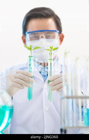 Waist-up portrait of middle-aged scientist wearing rubber gloves and safety mask holding two test tubes with sprouts in hands while wrapped up in research Stock Photo