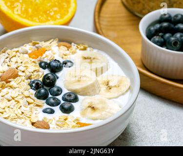 Cereal Granola Muesli with Sunkist and Blackberry for healthy breakfast recommendation. Stock Photo
