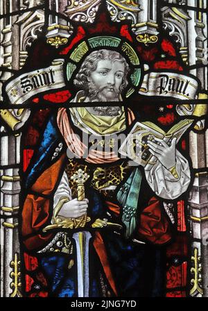 Stained glass window by Percy Bacon & Brothers depicting St Paul, St Mawgan's Church, Mawgan-in-Pyder, Cornwall Stock Photo