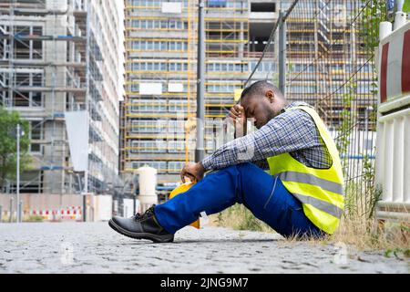 Unhappy Sad Construction Worker. Upset Foreman Frustration Stock Photo