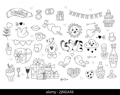 Set wedding and love doodles. Couple love birds with heart, gifts and wedding rings, cupids arrow, wedding cake, teddy bear toy, cute sun, cloud, cham Stock Vector