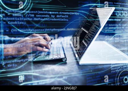 Computer Programmer Writing Program Code On Computer At Night Stock Photo