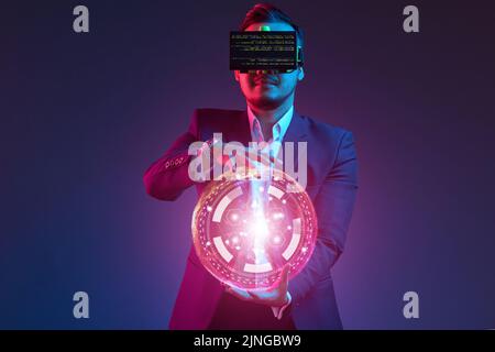 Businessman in vr goggles using futuristic interface Stock Photo
