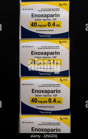 Davis, CA, 24 July 2022. A pile of Enoxaparin sodium boxes. Enoxaparin, generic for Lovenox, is an anticoagulant Stock Photo