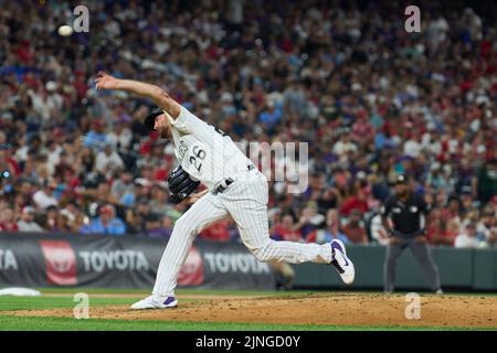 August 10 2022: Colorado pitcher Austin Gomber (26) throws a pitch during the game with Saint Louis Cardinals and Colorado Rockies held at Coors Field in Denver Co. David Seelig/Cal Sport Medi Stock Photo
