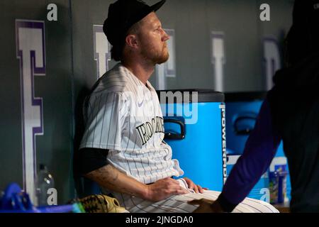 August 10 2022: Colorado pitcher Kyle Freeland(19) in the dugout during the game with Saint Louis Cardinals and Colorado Rockies held at Coors Field in Denver Co. David Seelig/Cal Sport Medi Stock Photo