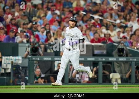 August 10 2022: Colorado shortstop Jose Iglesias (11) runs home during the game with Saint Louis Cardinals and Colorado Rockies held at Coors Field in Denver Co. David Seelig/Cal Sport Medi Stock Photo