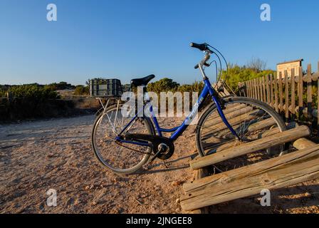 Bike parking in Levante Beach - Platja de Llevant -, Formentera Stock Photo
