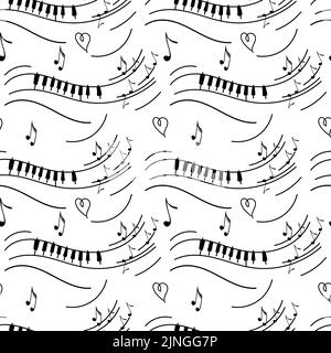Seamless pattern of piano melody, hand-drawn doodle. Flying notes. Heart. Music. Inspiration. Isolated vector illustration on white background Stock Vector