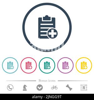 Add new note flat color icons in round outlines. 6 bonus icons included. Stock Vector