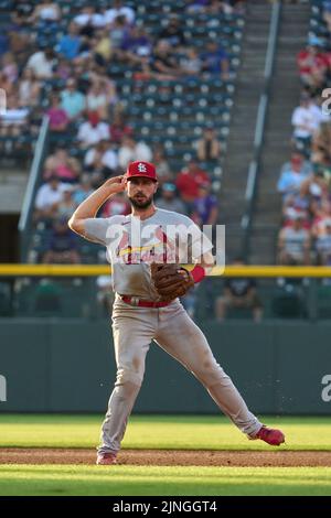 August 10 2022: Saint Louis shortstop Paul DeJong (11) in action during the game with Saint Louis Cardinals and Colorado Rockies held at Coors Field in Denver Co. David Seelig/Cal Sport Medi Stock Photo