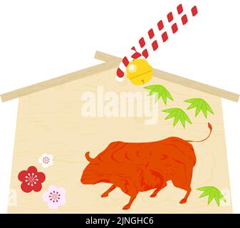 Ema: Vector illustration of cow ema with space to write a wish  Japanese style design Stock Vector