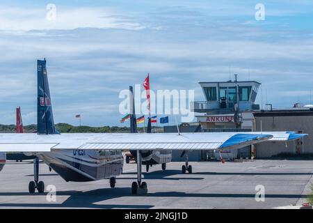 Planes on the small airport on the high seas island The Dune, part of Heligoland, district Pinneberg, Schleswig-Holstein, Northern Germany Stock Photo