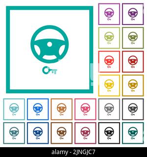 Steering lock flat color icons with quadrant frames on white background Stock Vector