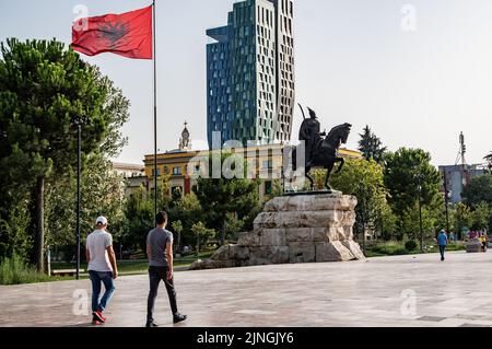 Equestrian statue of Gjergj Kastrioti Skanderbeg on Skanderbeg Square, Tirana, Albania Stock Photo