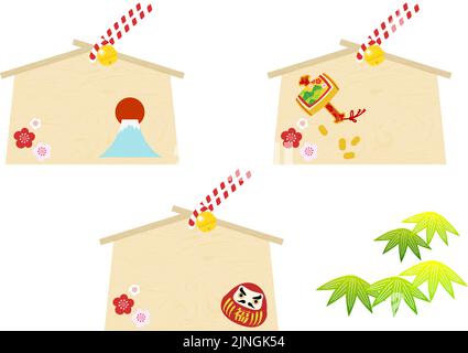 Ema: Vector illustration of a votive tablet of Mt. Fuji with a gavel and Daruma with space for writing wishes  Japanese style design    -Translation: Stock Vector