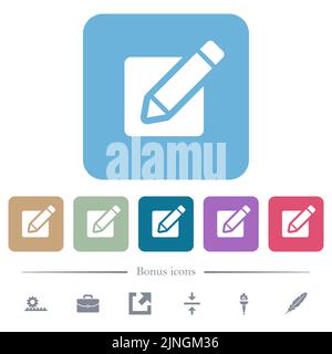 Editing box with pencil solid white flat icons on color rounded square backgrounds. 6 bonus icons included Stock Vector