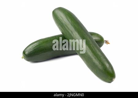 Two cucumbers on a bright background. Close up view. Stock Photo