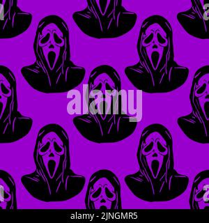 seamless graphic black pattern mask scream on purple background, texture, design Stock Photo