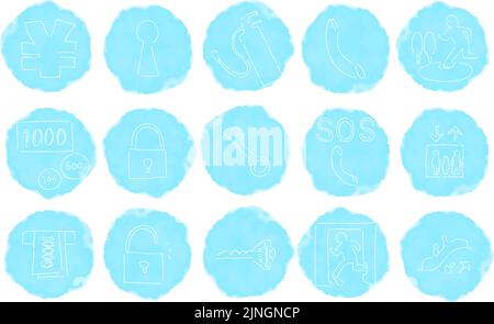 Rough handwritten watercolor style icon set: security and money vector illustration  Blue on white Stock Vector