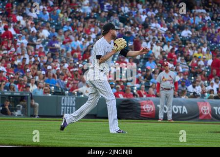August 10 2022: Colorado pitcher Kyle Freeland(19) in action during the game with Saint Louis Cardinals and Colorado Rockies held at Coors Field in Denver Co. David Seelig/Cal Sport Medi Stock Photo