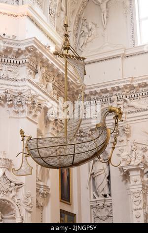 Vilnius church; The Roman Catholic Church of St Peter and St Paul, interior, The boat shaped chandelier, Vilnius, Lithuania Europe Stock Photo