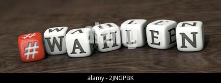 Red hashtag dice and white dices with the German word 'WAHLEN' (elections) on wooden underground Stock Photo