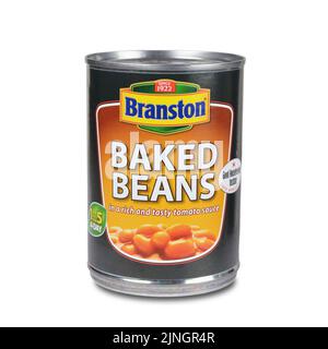 Tin of Branston brand Baked Beans in tomato sauce isolated on white background. The brand has been around since 1922 Stock Photo