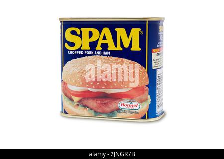 Can of Spam, chopped pork and ham meat. Studio shot isolated on white with path Stock Photo