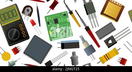 Set of radio components. Seamless pattern. Background image. Element for radio circuit. Object isolated on white. Electronics detail. Scattered in Stock Vector