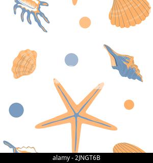 Seashells pattern set. Snail sea shell, starfish. Marine underwater seashell. Spiral shape. Undersea mollusc. Design texture for fabric, textile, post Stock Vector