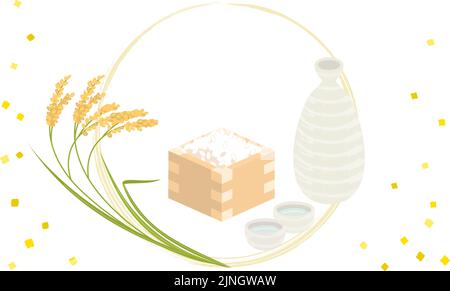 Image illustration of rice, sake, and fresh rice in a rice plant and a pit Stock Vector