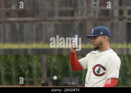 Dyersville, United States. 11th Aug, 2022. Chicago Cubs Willson Contreras takes some photos before the MLB Field of Dreams Game against the Cincinnati Reds in Dyersville, Iowa, Thursday, August 11, 2022. Photo by Mark Black/UPI Credit: UPI/Alamy Live News Stock Photo