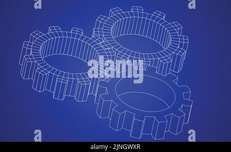 Vector illustration of gears line art on blue background representing a blue print Stock Vector